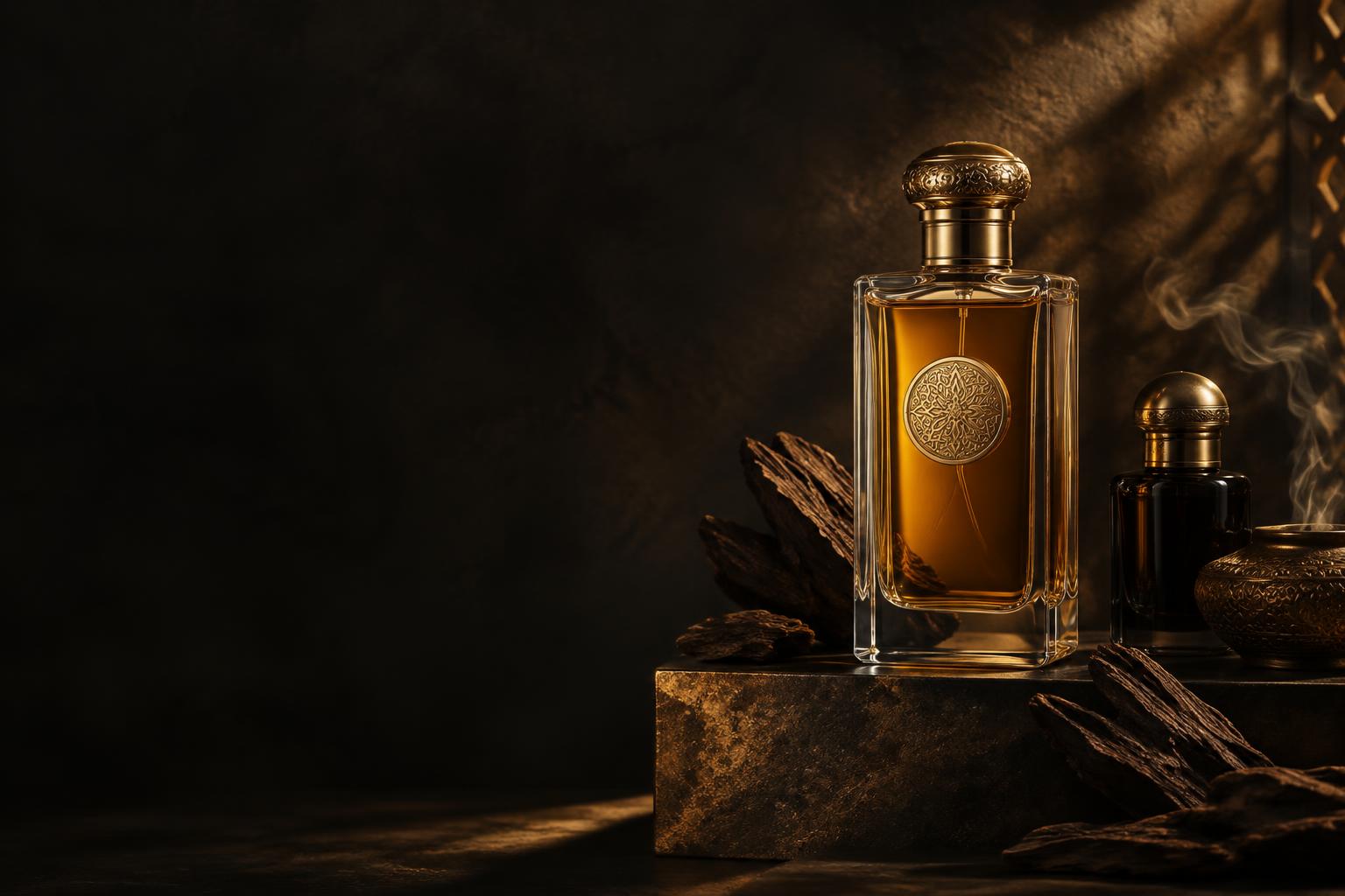 Perfume árabe de ámbar con un refinado tapón dorado, junto a madera de oud